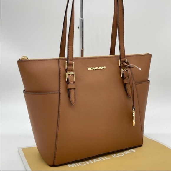Michael Kors Large Charlotte Tote Bag Luggage Leather Rich Brown - Picture 1 of 9